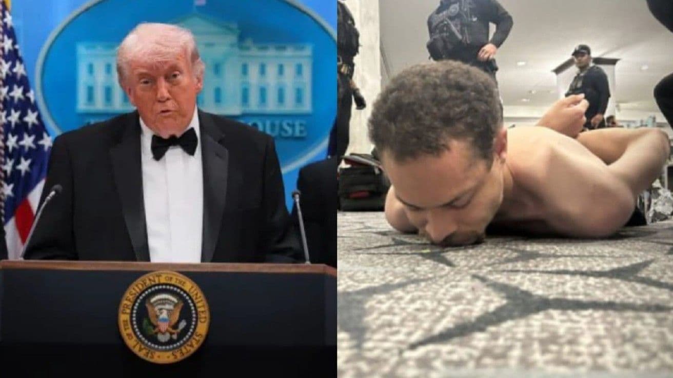 Imagem do artigo: Tiros no jantar: Trump é evacuado sob fogo em Washington. Um homem armado com espingarda, pistola e facas invadiu o Washington Hilton durante o jantar dos correspondentes da Casa Branca